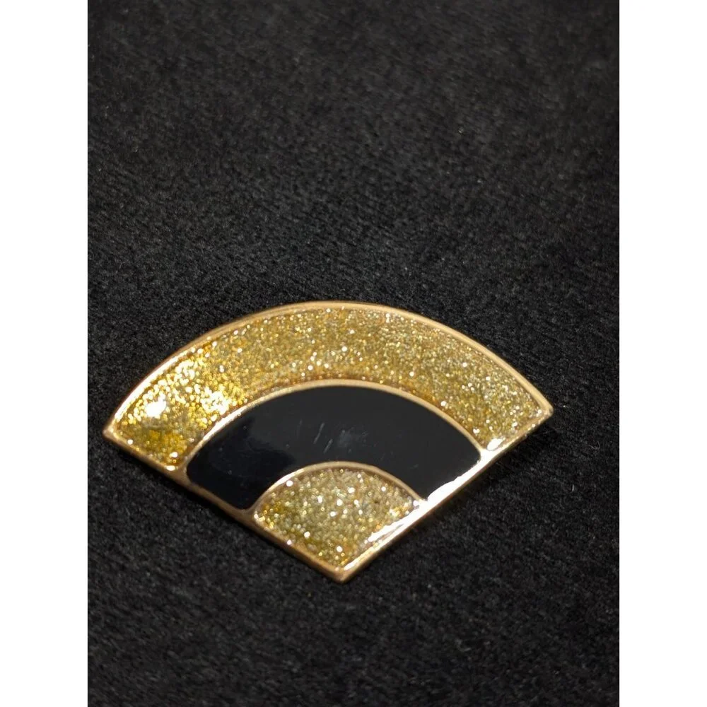 VTG Gold Tone‎ Glitter Black Enamel Art Deco Fan Curved Brooch pin